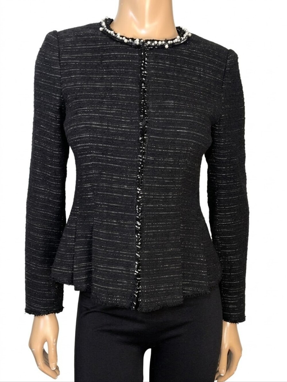 Rebecca Taylor Tweed Peplum Jacket Womens Size 4 Black Pearl Beaded Fringe Trim